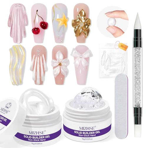 MIZHSE 3D Sculpting Nail Gel Kit, Solid Builder Gel for Nails Kit 15g Clear & Pearl White Set Non-Stick Hand 3D Carving Nail Extension Decoration Art for DIY Salon