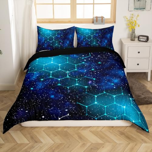 Homemissing Galaxie Bettbezug, 200 x 200 cm, Blau, Universum, Stern, geometrisch, sechseckig, bedruckt, Bettwäsche, Würfelblock, Modell für Kinder, Mädchen, Jungen, Dekoration