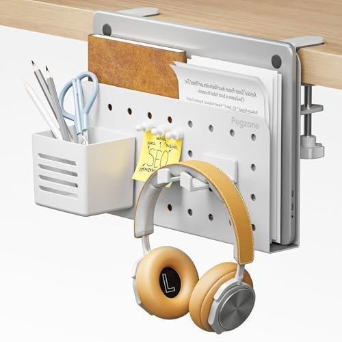 PEGZONE Schreibtisch Seitenaufbewahrung Laptophalterung Metall Weiß | Klemmbarer Desk Organizer mit Lochwand für Kopfhörer & Schreibtisch Gadgets, platzsparend, bohrfrei unter dem Tisch