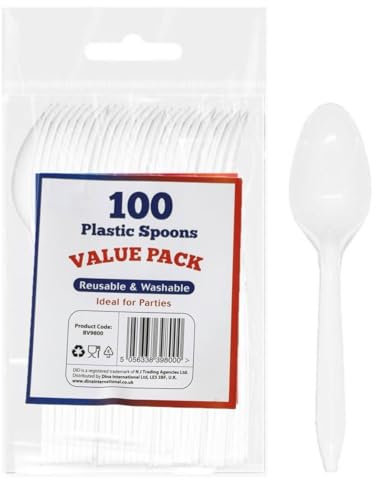PARTY2U ® 100 Pack White Reusable & Washable Plastic Spoons, Heavy Duty, Cutlery Tablespoon for Parties and Business comercial Tableware and Dinnerware