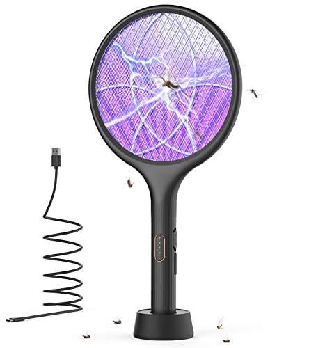 YISSVIC Electric Fly Swatter 4000V Bug Zapper Racket Dual Modes Mosquito Killer with Purple Mosquito Light Rechargeable for Indoor Home Office Backyard Patio Camping (Black-1 Pack)
