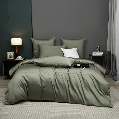 Luowei Mako Satin Bettwäsche 135x200 cm Baumwolle, 2‑teilig, Grün | 100% Baumwolle Seidig Weich Bettwäsche Set, Oeko-TEX Atmungsaktiv und Kühlend mit Reißverschluss und Kissenbezug 80x80