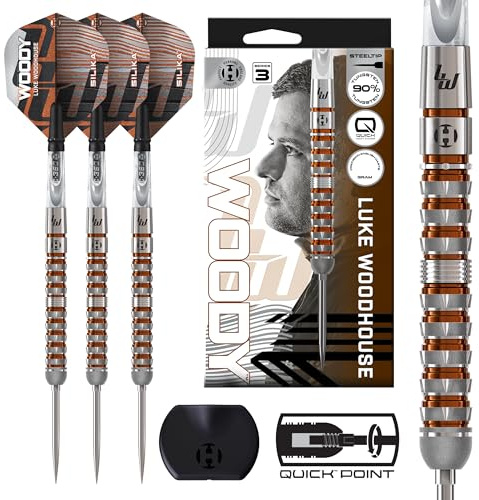 Harrows Luke Woodhouse Woody 90% Tungsten Darts, Serie 3 Steeltip Darts Set mit Quick Point System, erhältlich in 21g, 23g & 25g mit Quick Point Tool, klaren C-360 Shafts & Silika Flights