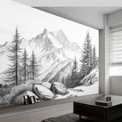 Générique Papier peint intissé noir blanc 500L x 280H cm, Papier peint panoramique peint montagnes forêt rochers - grandes poster mural photo pour salon chambre restaurant décor fond TV