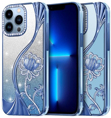 LEVIOSA for iPhone 13 Pro Case 6.1 Inch, Glitter Rhinestone Bling Lotus Cover for Women Girls, Soft TPU Shockproof Bumper with 2 Interchangeable Glitter Inserts Blue