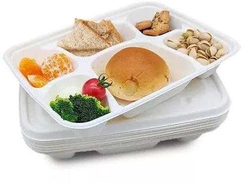 Tezraftaar® 50 x Bagasse Compartment Plates 6 Compartment (12) White Biodegradable Section Plates for Picnic Traveling Catering Camping Parties Supply