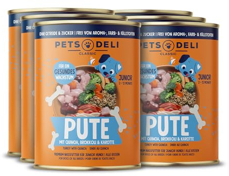 Pets Deli Junior Nassfutter für Hunde mit Pute, Quinoa, 6x400g | Pute für wachsende Hunde, mit Brokkoli & Karotte für Vitamine, getreidefrei, ohne Zucker, Premium Qualität