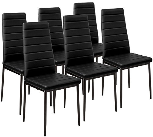 TecTake® sillas de Comedor Acolchadas, Funda de Cuero sintético, Respaldo Alto, Patas de Acero, Montaje Sencillo, Modernas, Muebles Salon Modernos, Nordica - 6 Sillas Negro