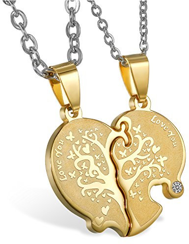 JewelryWe Valentinstag Schmuck 2 Freundschaftsketten mit kostenloser Gravur, Edelstahl Herz Partner-Anhänger Halskette mit Gravur Love You Baum des Lebens, Paar Anhänger Kette für Damen Herren, Gold