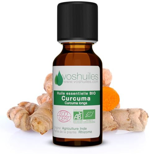 Voshuiles - Huile Essentielle BIO de Curcuma - 20ml - Pure et Naturelle - Aromathérapie, Diffusion, Massage - Qualité Supérieure - Relaxation et Bien-Être