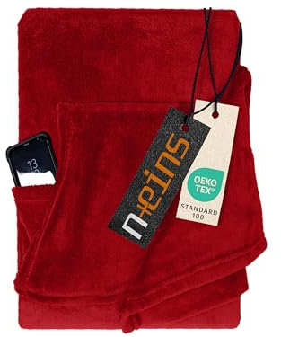 npluseins Decke mit Ärmeln Geschenke für Frauen und Männer 130x180 cm TV Deckenpullover Kuscheldecke das Original mit Ärmel & Bauchtasche 1448.2043, Bordeaux