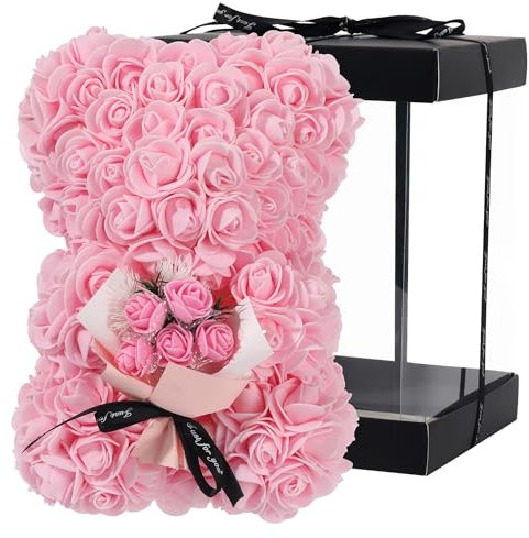 NWSX Rosenbär - Rose Teddybär auf jedem Rosenbären - Blumenbär Perfekt für Jubiläen, Mütter - Klare Geschenkbox inklusive! 10 Zoll groß (Rosa)