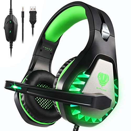 BUTFULAKE GH-1 Casque de jeu pour PS4, Xbox One, Xbox One S, PC, Nintendo Switch, Mac, ordinateur portable, ordinateur, casque stéréo filaire de 3,5 mm avec micro antibruit, lumière LED, vert