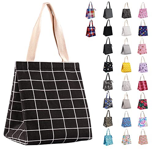 iknoe Insulated Lunch Bag for Women, 9L Sturdy Wide-Open Foldable & Portable Lunch Tote with Interior Pockets, Water-resistant Thermal Cooler for Adults Picnic Beach (Black Plaid)