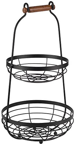 APS Serviergestell mit zwei Körben und Holzgriff - 2-stufige Etagere aus Metall, Schwarz, Höhe 48 cm, Ø 26 cm