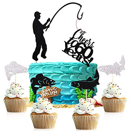 6pcs fishing cake topper Cheers to 60 Years,Happy 60th birthday cake topper,Fishing theme birthday party cake decorations（Black and silver）