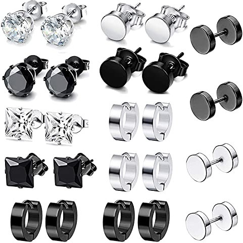 QincLing 12 Paar Ohrringe Set Edelstahl Allergiefrei Ohrstecker Herren Ohrstecker Creolen Zirkonia Ohrstecker Set Fake Plugs Ohrschmuck Creolen Piercing für Herren Damen Unisex Schwarz Silber