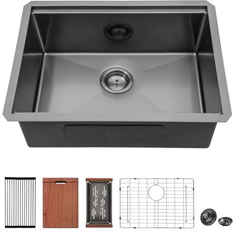 Mocoloo Unterbau-Küchenspüle, 68 x 48 cm, Unterbau-Arbeitsplatz, Küchenspüle, Gunmetal Black, 16 Gauge, Edelstahl, Einzelbecken, Handgefertigtes Waschbecken