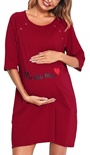 Vlazom Chemise de Nuit Maternité Femme Allaitement Coton Nuisette Grossesse Manches Longues Boutonnée Confortable,Rosso,M
