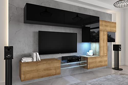 Furnitech Wohnwand Wohnzimmer | Wohnzimmer Möbel mit LED RGB - 16 Farben | Hängend Wohnwand Modern | Wohnzimmer Schrankwand mit Regale und TV Schrank (AN92NEW-21BDZ-HGM24)
