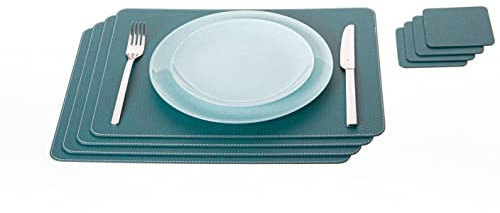 Nikalaz Lot de 4 Set de Table et 4 Dessous de Verres, Cuir Naturel Recyclé (40 x 30 cm, Vert Pétrole)
