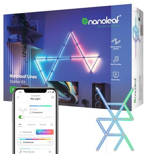 Nanoleaf Lines 60 Grad Starter Kit, 15 Smarten LED RGBW Lichtleisten - Modulare WLAN 16 Mio. Farben Wandleuchte Innen, Musik & Bildschirm Sync, Funktioniert mit Alexa Google Apple, für Deko & Gaming