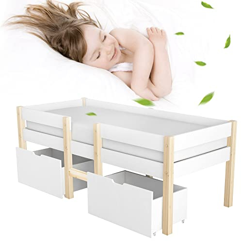 GBHJJ Kinder-Hausbett Mit Stauraum, Kinder-Einzelbett Mit Schubladen, Bettrahmen Aus Massivem Kiefernholz, Baumhaus-Himmelbett für Kinder, MäDchen Und Jungen (Weiß)