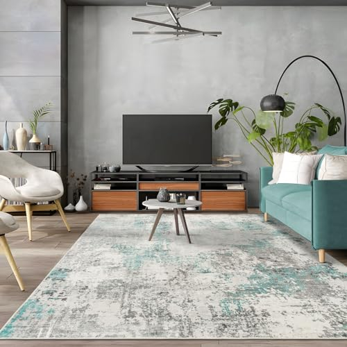 TALETA Teppich Wohnzimmer, waschbarer Teppich Kurzflor, Moderner-Teppich für Schlafzimmer, Küche, Esszimmer, grüner-Teppich mit grauem Muster, Groß: 140x200cm