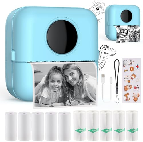 HuiJuKeJi Mini Printer, Portable Printer with Sticker and 10 Rolls of Thermal Paper and Self-Adhesive Thermal Paper Built-in 1200mAh Battery Inkless Photo Printer for Android IOS (X5 Blue)