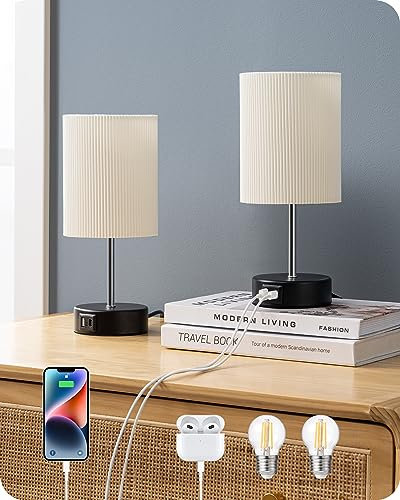 EDISHINE Lámpara de Noche LED Regulable Táctil 2 Lámparas de Mesa Lámpara Moderna 2 Puertos USB de Carga con Cable para Dormitorio Salón Alféizar Regalo Negro