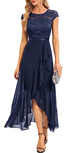 Bbonlinedress Abendkleider elegant für Hochzeit Weihnachtskleider Damen Rundhals Spitze Vokuhila Chiffon Brautkleid Party Abschlusskleid lang Ballkleid Navy 3XL