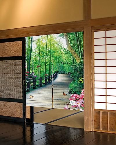 NYCUBE Boardwalk Bambus Wald Blumen Schmetterling Japanischer Türvorhang Schlafzimmer Trennvorhang Küche Eingang Hängende Halbvorhänge 85x150cm