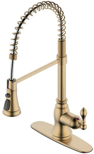 Derengge KF-5988-BG Küchenspüle-Wasserhahn, gebürstet, goldfarben, Einhebel-Federauslauf, Küchenarmatur mit herausziehbarem Sprühkopf, 1-Loch- oder 3-Loch-Installation,