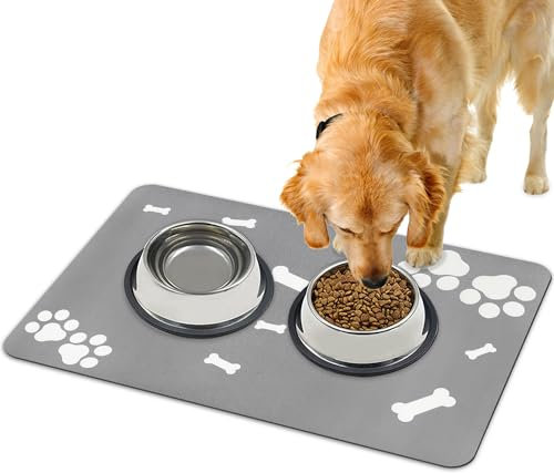 Lurowo Tapis de Nourriture pour Chien à Séchage Rapide Super Absorbant Lavable Antidérapant pour Chat 40x60cm (Motif de Patte d'Os-Gris Clair)