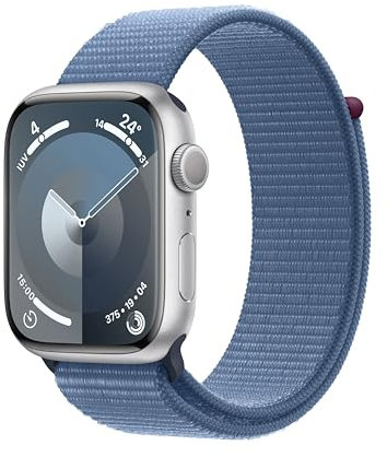 Apple Watch Series 9 [GPS] Smartwatch con Caja de Aluminio en Plata de 45 mm y Correa Loop Deportiva Azul Invierno. Monitor de entreno, App Oxígeno en Sangre, Neutro en Carbono