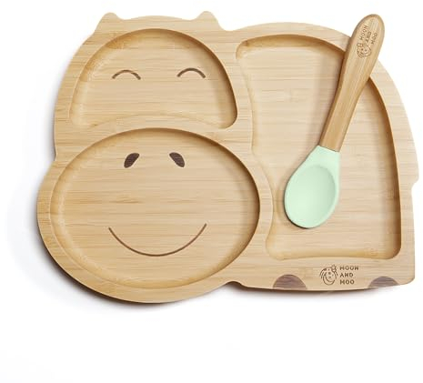 Moon and Moo Nilpferd Bambus Saugnapfteller und Löffel Set für Kinder, Kleinkinder und Baby Entwöhnung - Ungiftig - Plastikfrei - Stay Put - Baby Saugteller - Baby Entwöhnungsset