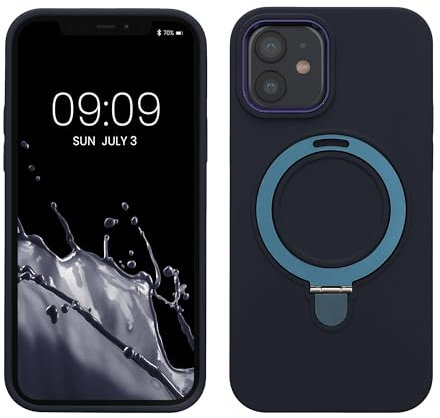 kalibri Hülle kompatibel mit Apple iPhone 12 Hülle - Silikon Case kompatibel mit MagSafe - Cover mit Stand Fingerhalter Dunkelblau