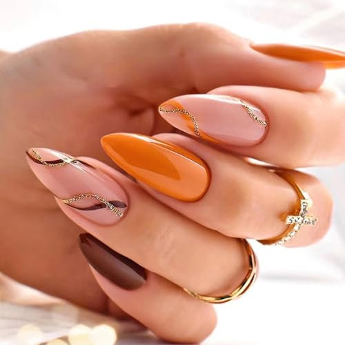 Ceboic 24Pcs Almond Press on Nails Medium Length, Orange Glossy French False Nails with Swirls Design, Autumn Winter Fake Nails Acrylic Full Cover Stick on Nails for Women and Girls Nail Art