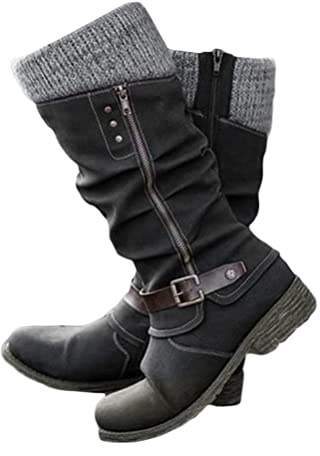 Onsoyours Overknee Stiefel Damen Warme Winterstiefel Mit Blockabsatz Langschaft Boots Flach Casual Cowboy Stiefel Reißverschluss Klassisch Westernstiefel Winterschuhe