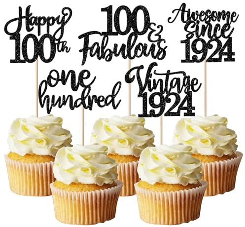 Pack of 30 Vintage 1925 Cake Decorations Glitter Happy 100th One Hundred Awesome Since 1925 Cupcake Toppers 100 Fabulous Cake Decoration for 100th Birthday Wedding Anniversary Party Supplies Black
