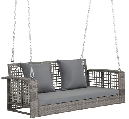 VINGLI Rattan-Schaukel für Veranda, 1,2 m, Outdoor-Stütze, 362,9 kg, mit Kissen und verstellbaren Ketten, Terrassen-Weiden-Schaukelstuhl für Garten, Hof, Rasen, Baum, Grau