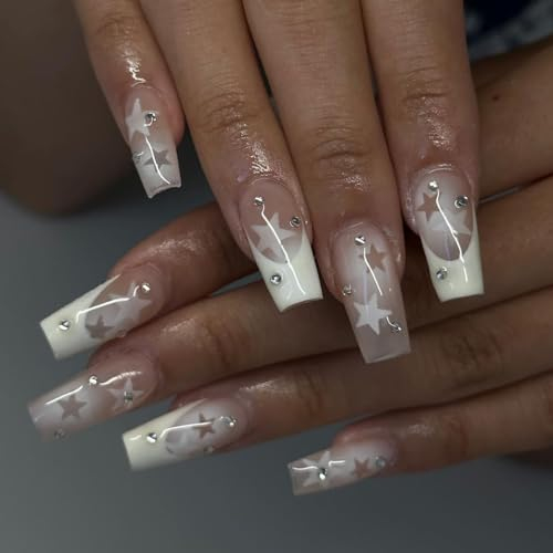 French False Nails, Press on Nails Medium Length, Acrylic White Tip Pearl Stick, 24pcs Almond False Nails with Glue Elegant Fake Nails for Women Girls (French Stars)