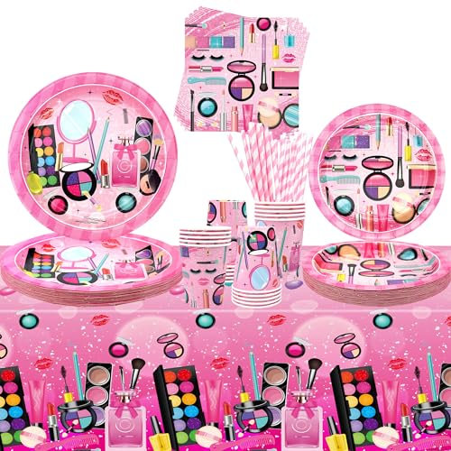 Fournitures de fête spa, pour 20 personnes, vaisselle de fête sur le thème du maquillage – Assiettes à dessert, assiettes, tasses, serviettes, nappe de maquillage spa pour filles et femmes, décoration