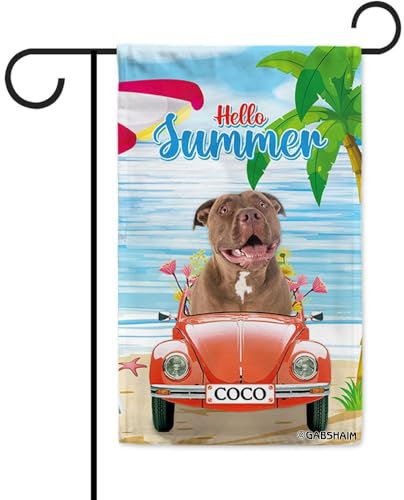 GABSHAIM Pitbull Red Nose Drive a Car Graden Flagge Hallo Sommer Meer Strand Blumen Palme Banner Außen Haus Hof Dekor 31,8 x 45,7 cm doppelseitig