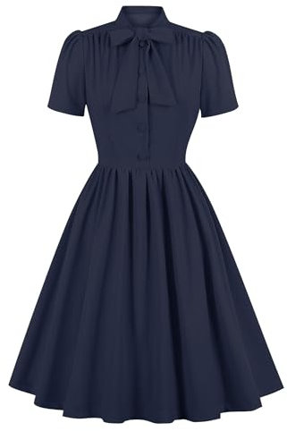 IBTOM CASTLE 1940s Dress for Women Vintage Short Sleeve A-line Cocktail Dress Retro Bow Tie Swing Dresses with Belt for Wedding Guest Summer Holiday Tea Party Dark Blue S