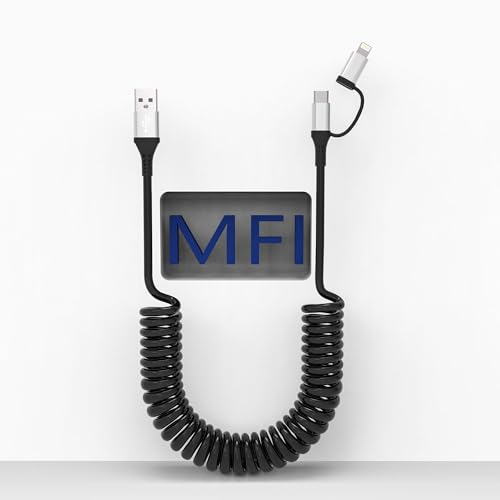 Cable USB a USB C y Lightning 2 en 1 Cable en espiral para Apple CarPlay y Android Auto - Cable cargador de coche para iPhone de carga rápida y sincro de datos iPhone y cable USB C con CarPlay, negro