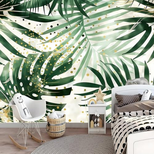 Art Fototapete Aquarell-Palmenblätter Grün 400 x 280 cm Vlies Tapeten Dschungelpflanzen Wandtapete Wohnzimmer Schlafzimmer Tapete