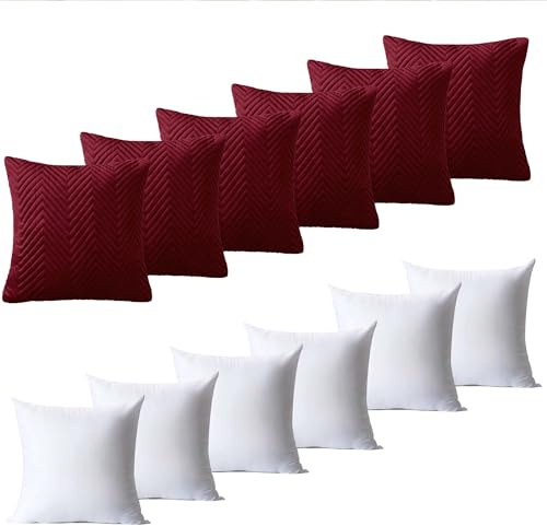 BedLooms Cushions with Covers Included 45 x 45 cm Set of 12 (6 Burgundy Cushion Covers, 6 Cushion Inserts) Ultrasonic Square Throw Pillow Cases Decorative Sofa Cushion with Invisible Zipper