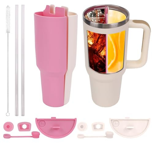 Stanley Cup Accesorios, Stanley Accessories Stanley Accessories, separador de bebidas 2 en 1, forro de silicona, pajita para Stanley Cup 40 oz, a prueba de fugas, cepillos de limpieza (rosa y blanco)