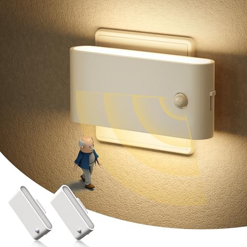 Emeritpro Nachtlicht Steckdose mit Bewegungsmelder, 2 Stück Steckdosenlicht Dimmbar (0-100lm), 3 Modi Auto/ON/OFF, 3000K Warmweiß Nachtlicht Steckdose Kinder, LED Steckdosenlicht für Schlafzimmer